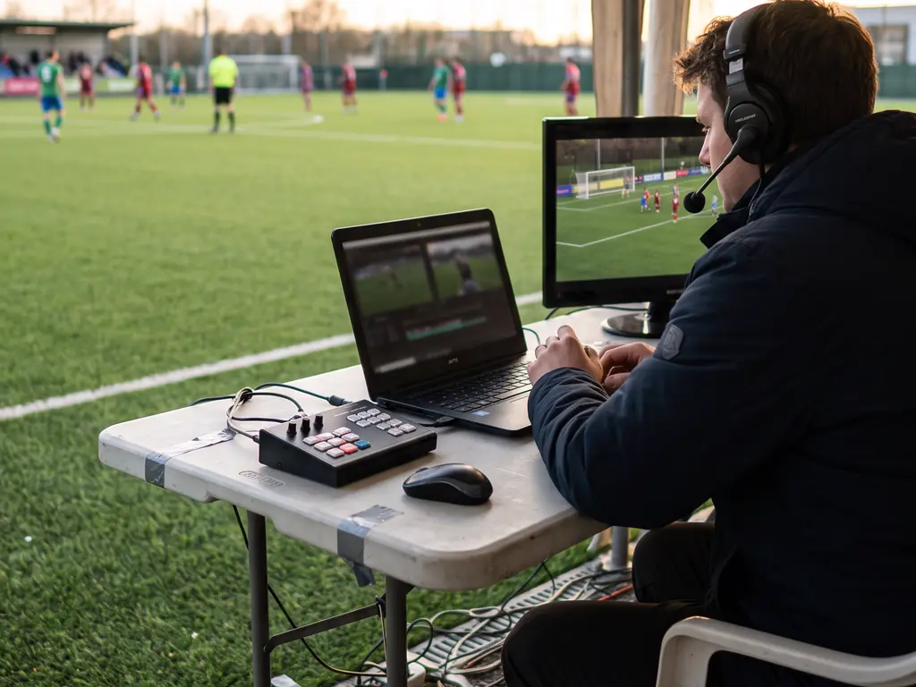 Operador revendo um lance no notebook e no monitor, à beira do campo